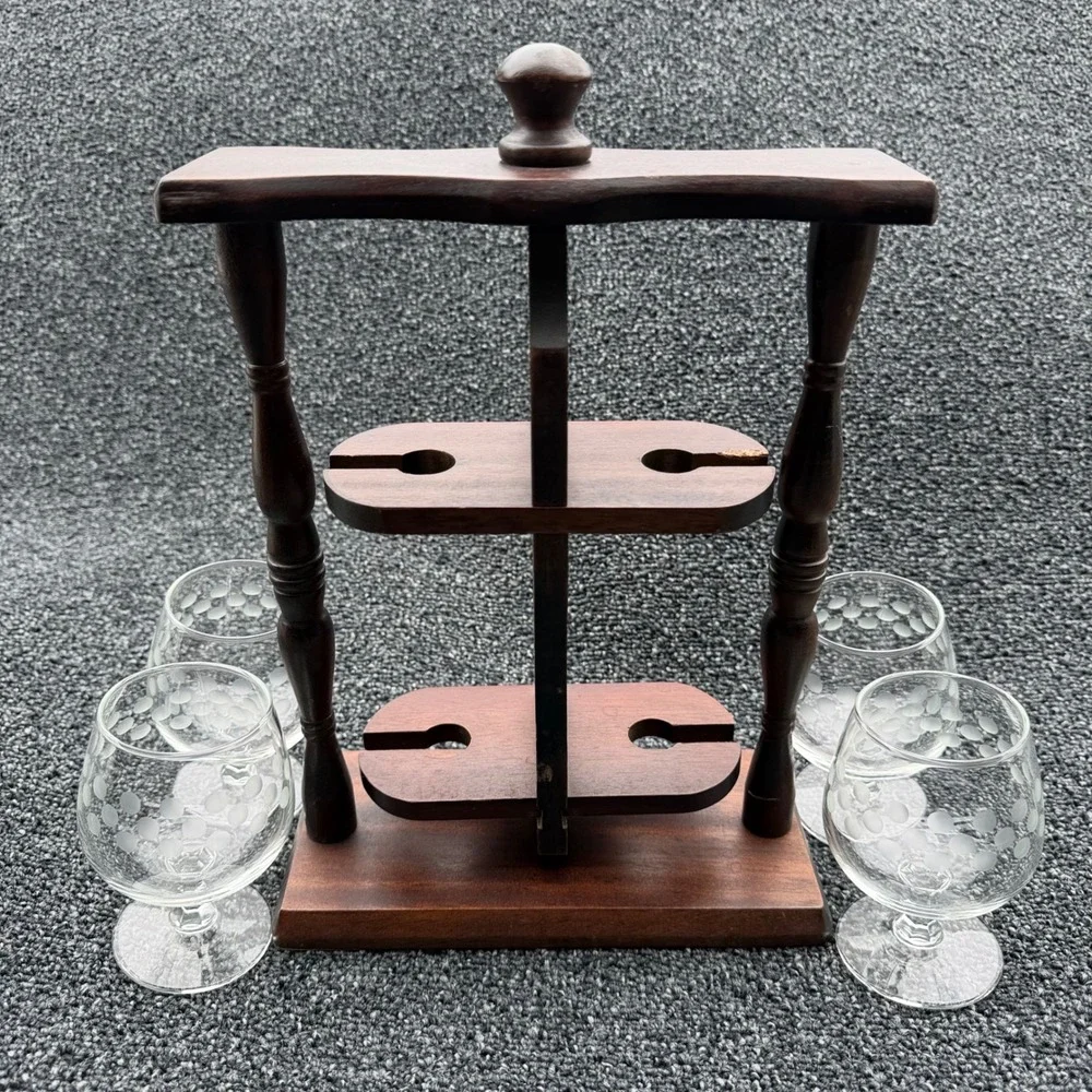 Vintage Wooden Rotating Bar Caddy with 4 Etched Polka Dot Brandy Snifter Glasses